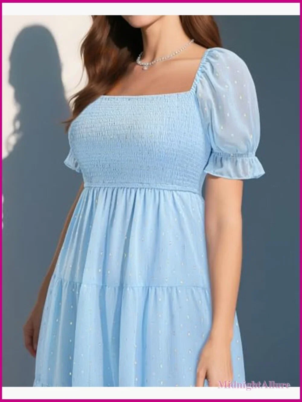 Plus Size Smocked Midi Dress - Square Neck Short Sleeve A-Line Chiffon